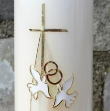 Poročna sveča v belem z golobčkoma