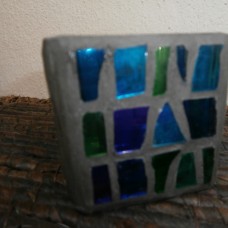 Mozaik - Posodica za čajno svečko iz modrega in zelenega stekla