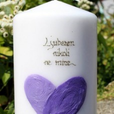 Poročna sveča v vijola barvi - srček iz prstnih odtisov